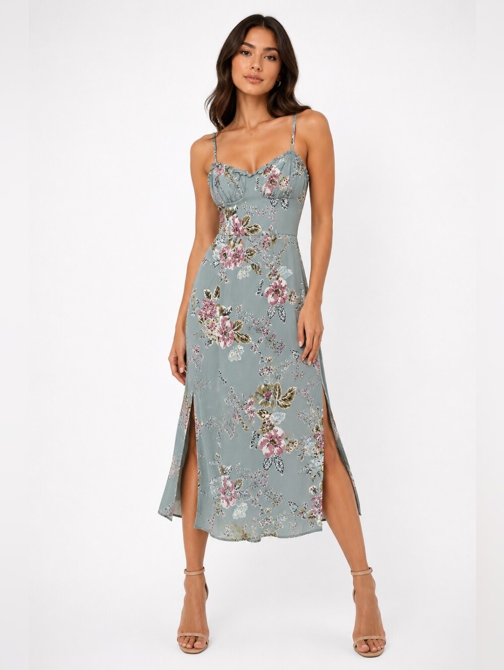 Speechless Sage Floral Midi Dress with Pink Accents
